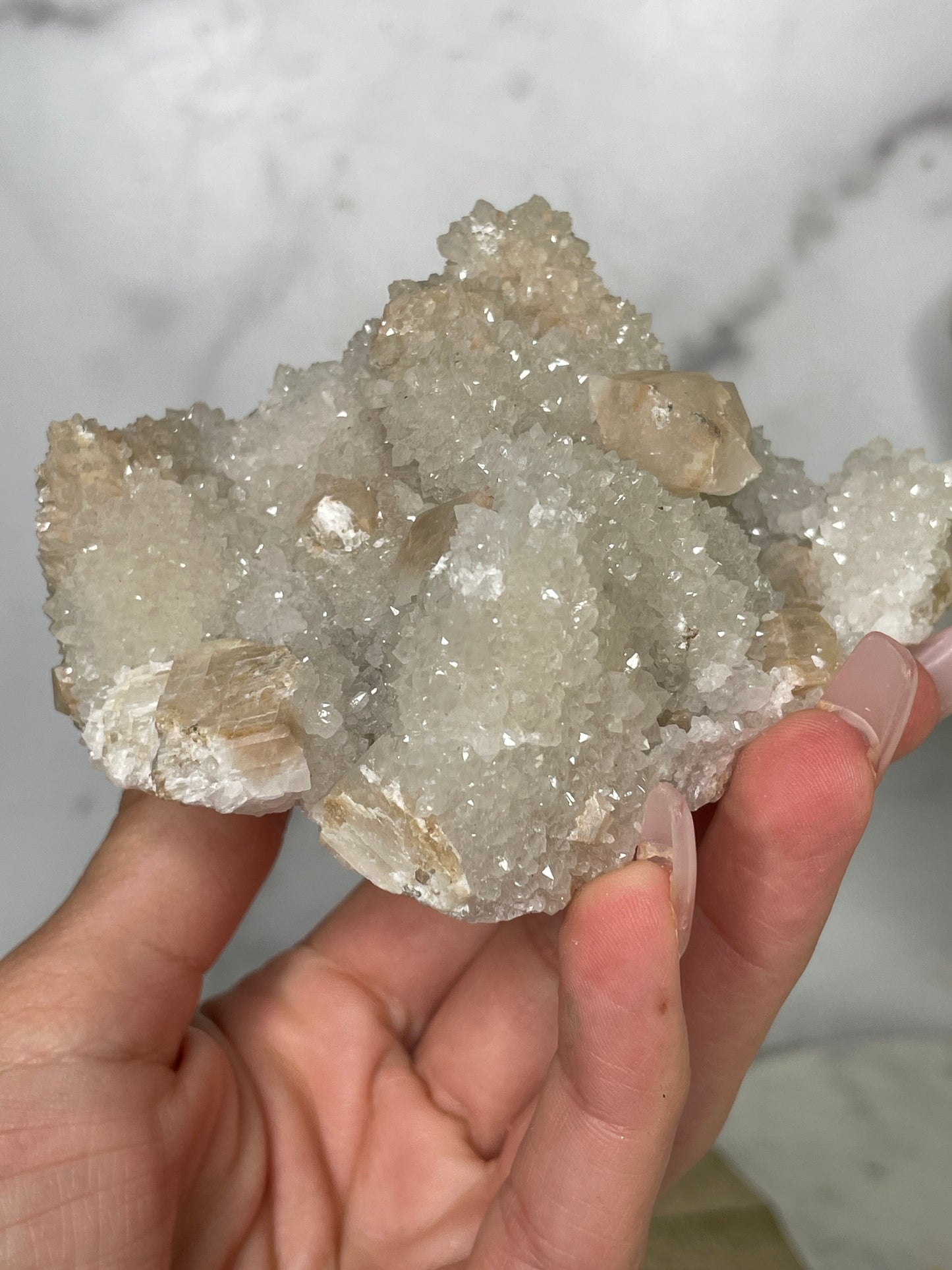 Druzy Danburite Cluster with Calcite & Chaclopyrite