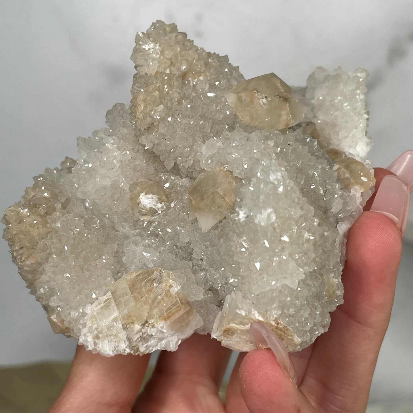 Druzy Danburite Cluster with Calcite & Chaclopyrite