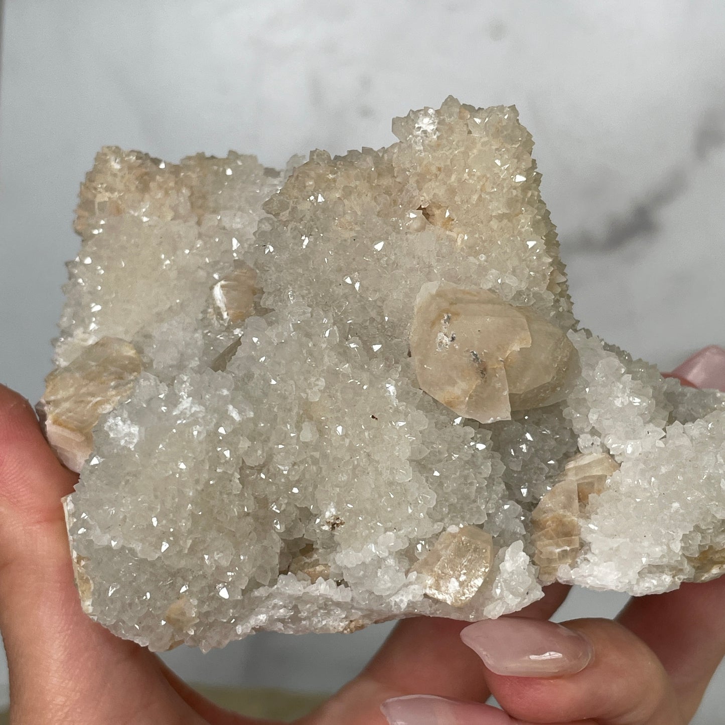 Druzy Danburite Cluster with Calcite & Chaclopyrite