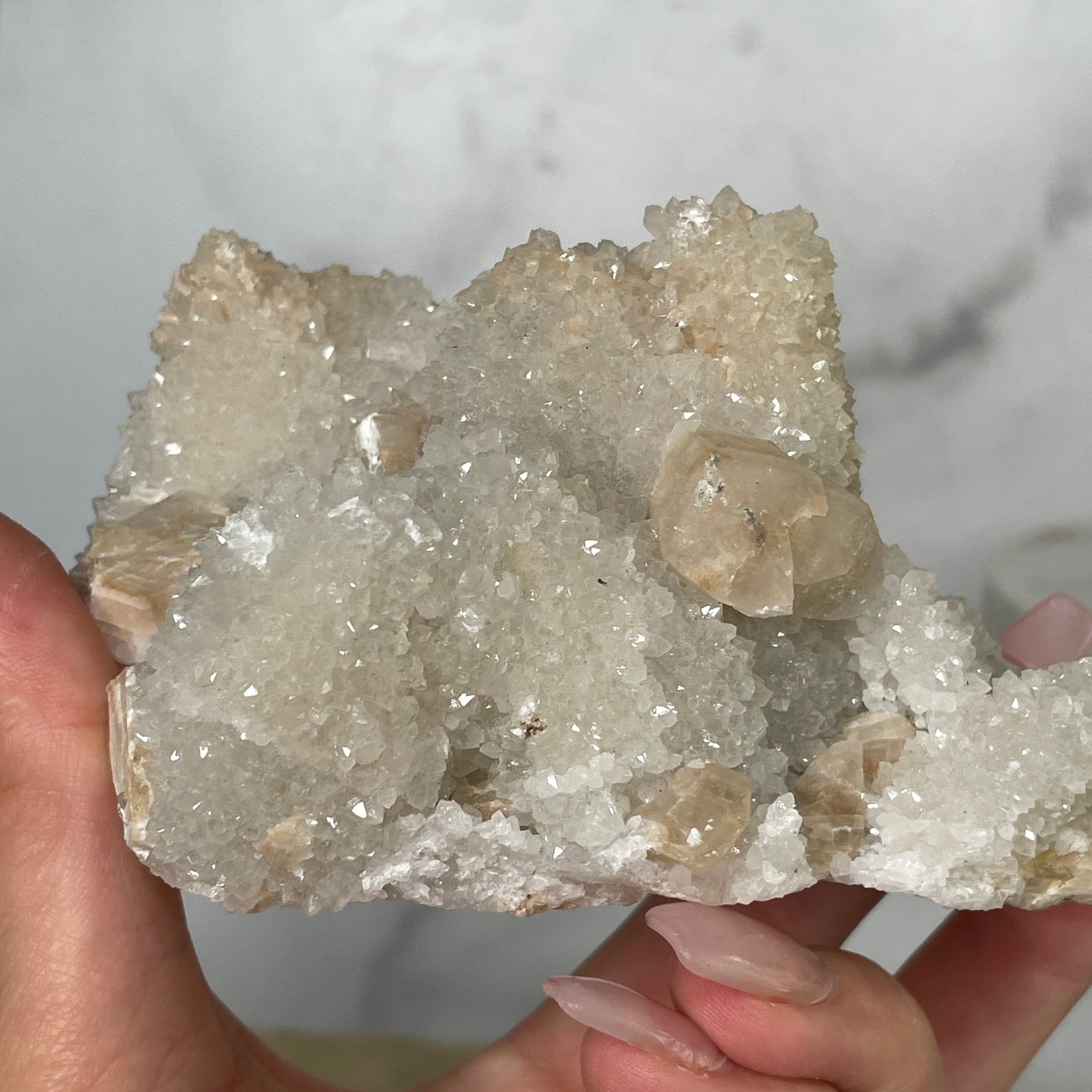 Druzy Danburite Cluster with Calcite & Chaclopyrite