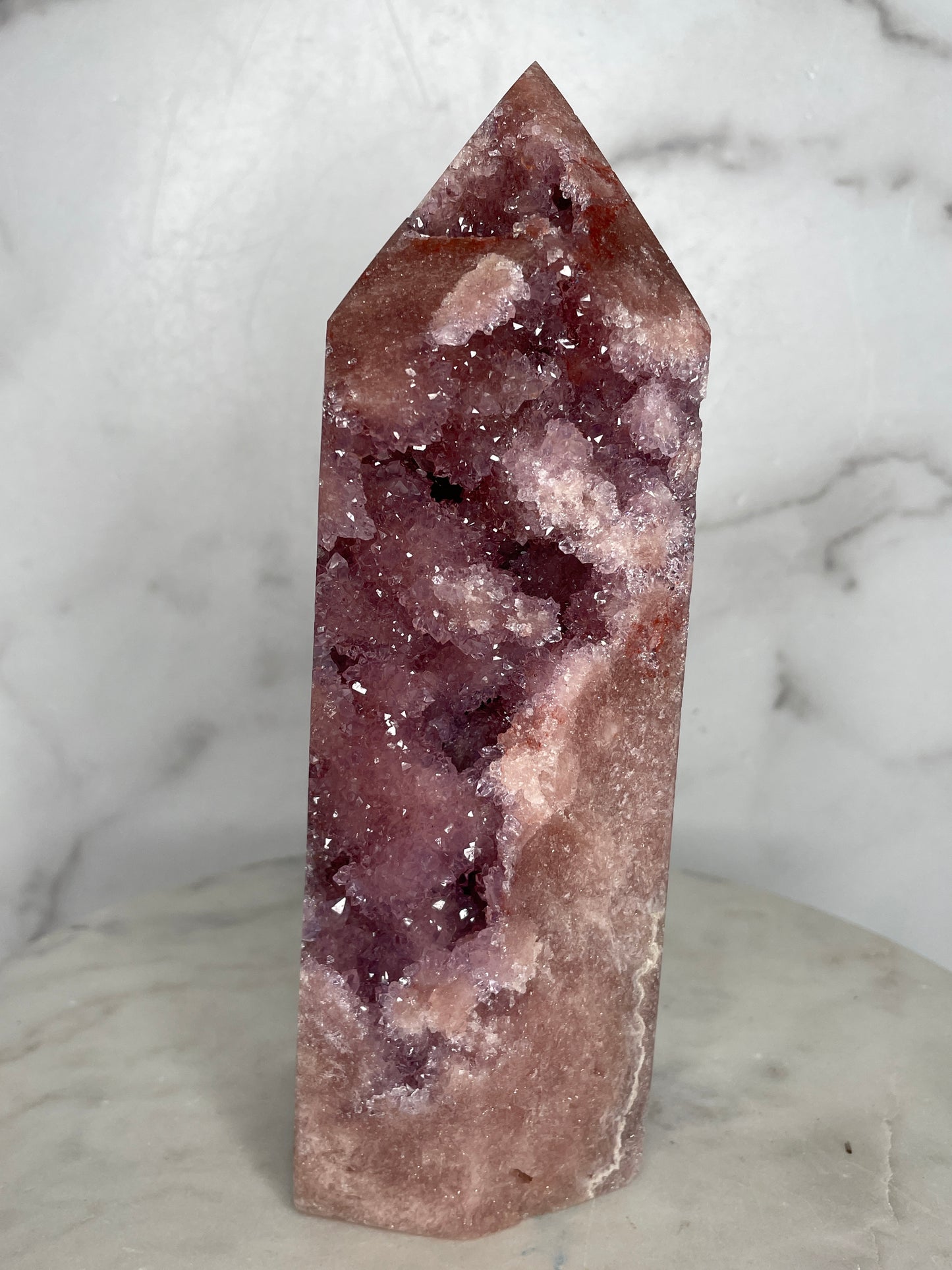 AAAA Bright Pink Pink Amethyst Tower with Druzy Purple Center